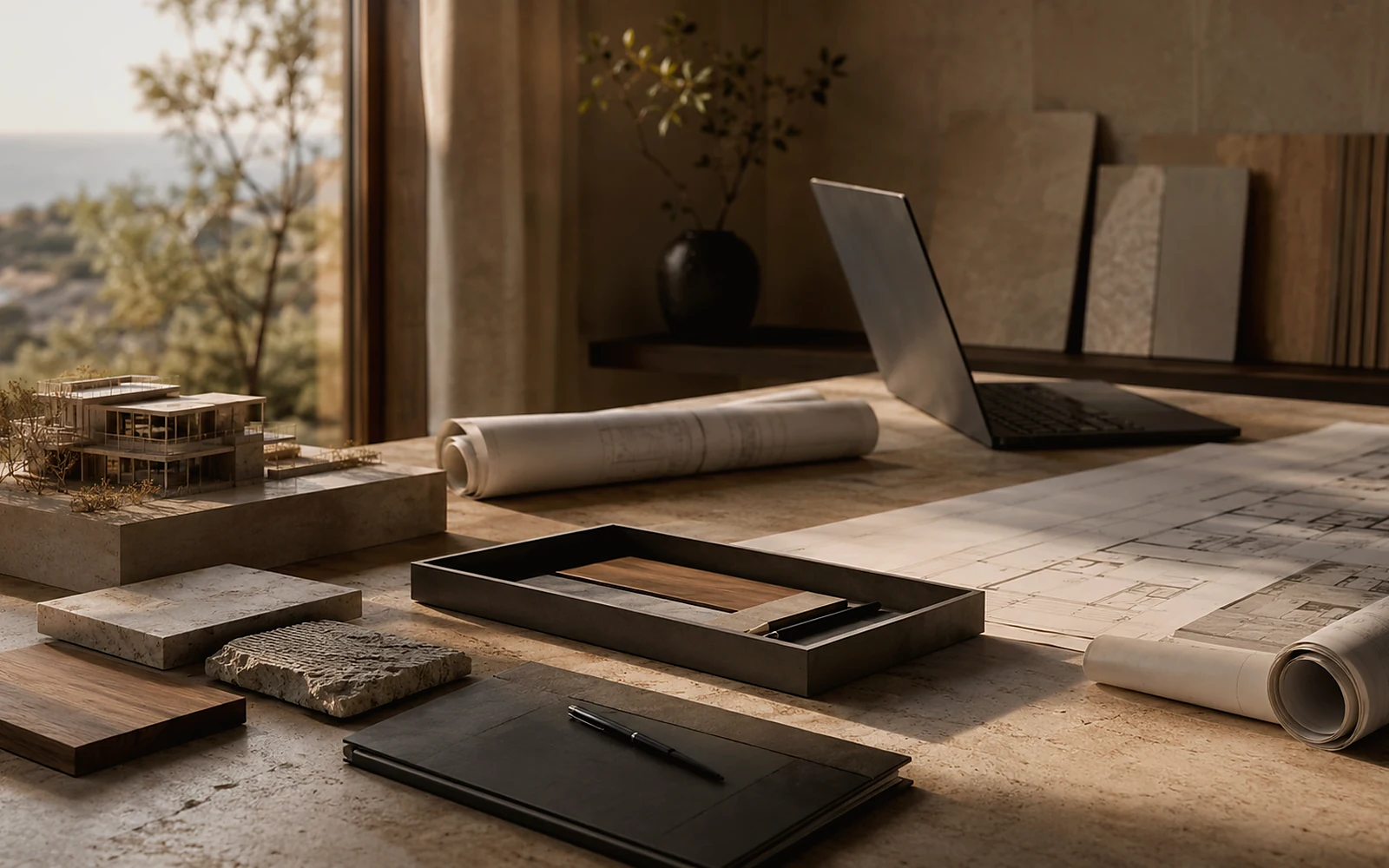 Architectural studio desk with materials and drawings